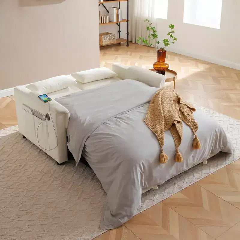 Divano letto trasformabile Okak con tasche laterali e schienale regolabile, divanetto imbottito in velluto per soggiorno, camera da letto