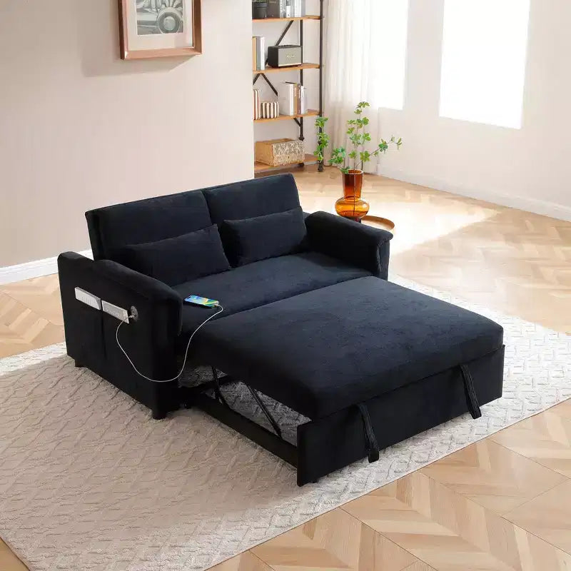 Divano letto trasformabile Okak con tasche laterali e schienale regolabile, divanetto imbottito in velluto per soggiorno, camera da letto