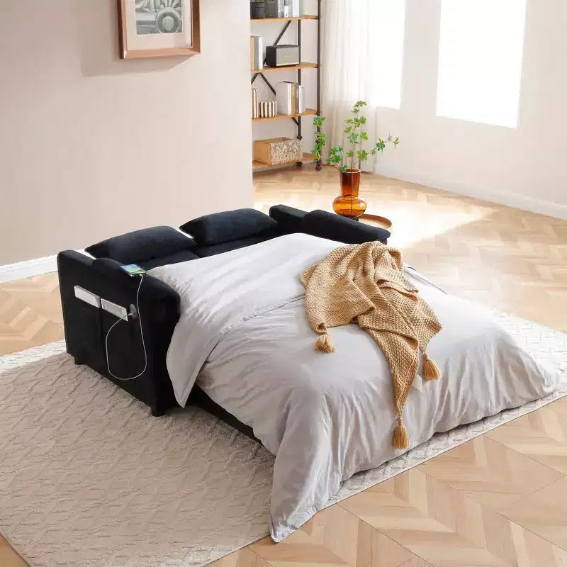 Divano letto trasformabile Okak con tasche laterali e schienale regolabile, divanetto imbottito in velluto per soggiorno, camera da letto