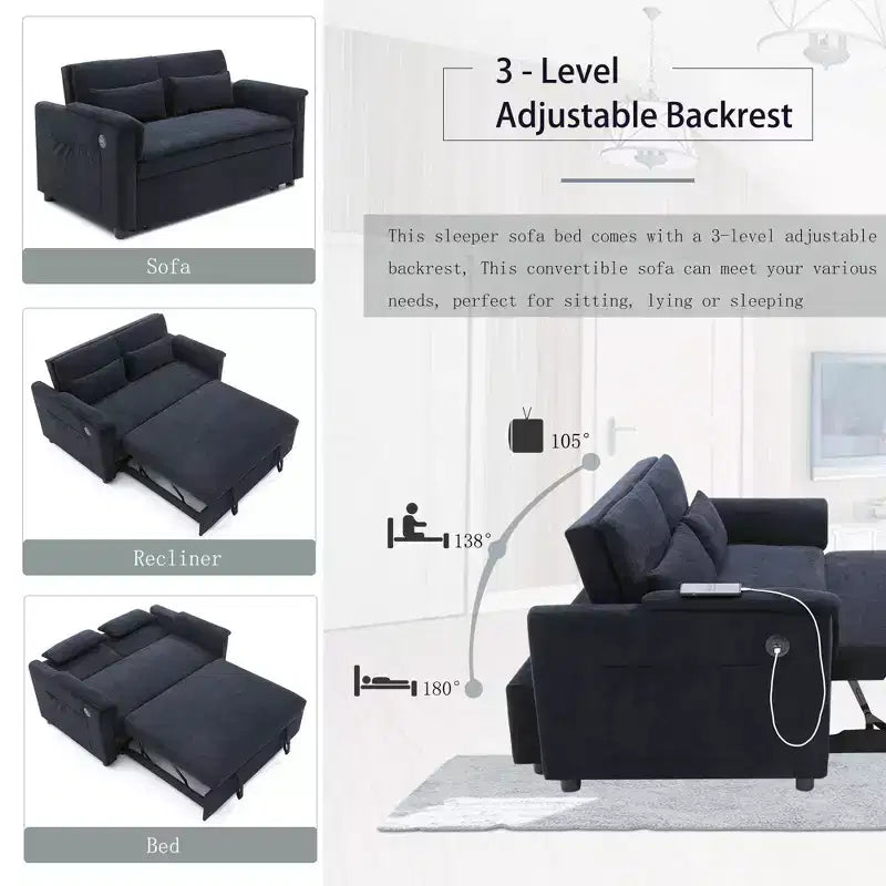 Divano letto trasformabile Okak con tasche laterali e schienale regolabile, divanetto imbottito in velluto per soggiorno, camera da letto