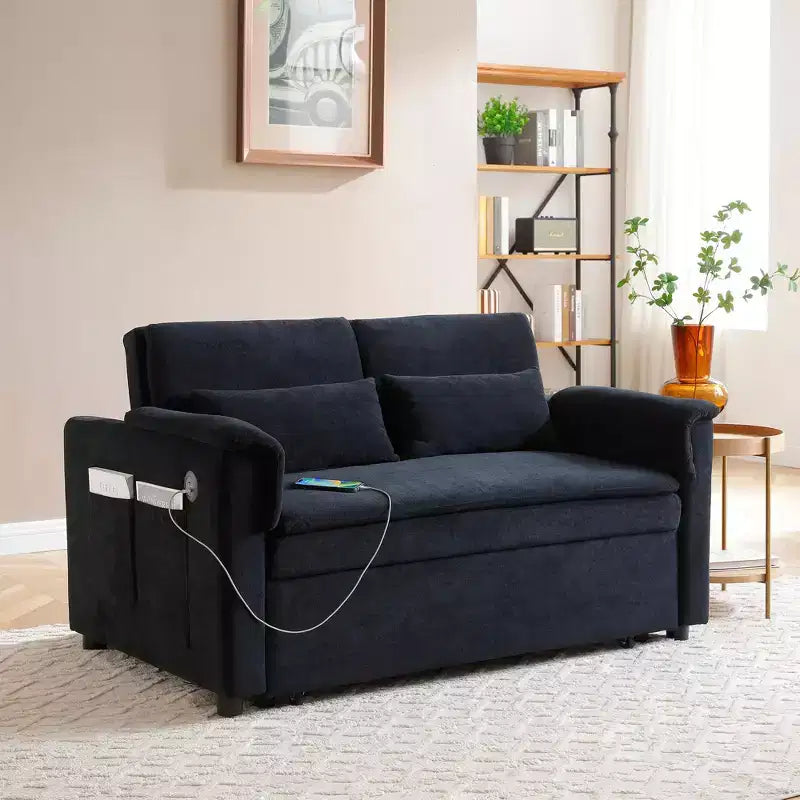 Divano letto trasformabile Okak con tasche laterali e schienale regolabile, divanetto imbottito in velluto per soggiorno, camera da letto