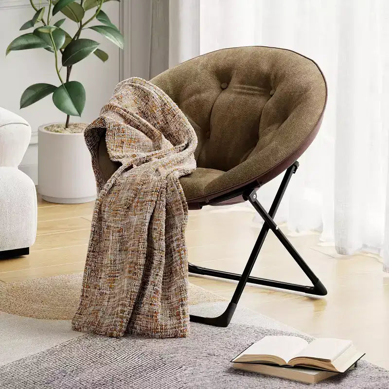 Comoda poltrona a sacco, sedia pieghevole da lettura, accogliente poltrona da salotto in pelliccia sintetica con sedile morbido e spesso imbottito e struttura in metallo, stile moderno per camera da letto e casa