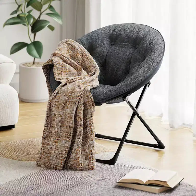 Comoda poltrona a sacco, sedia pieghevole da lettura, accogliente poltrona da salotto in pelliccia sintetica con sedile morbido e spesso imbottito e struttura in metallo, stile moderno per camera da letto e casa