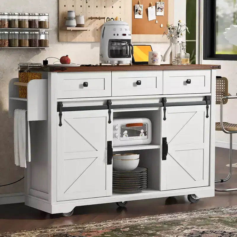 Zeus & Ruta 53.7 Isola da Cucina da Fattoria con Presa di Corrente, Isola da Cucina con Mobiletto e 2 Ante Scorrevoli a Stile Fienile con Piano Ribaltabile