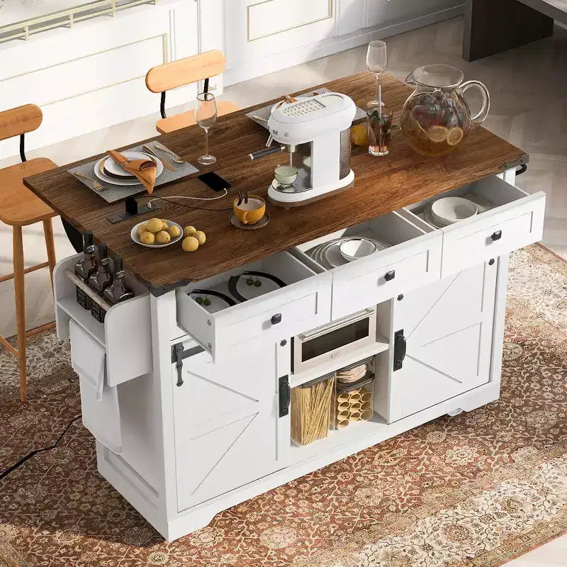 Zeus & Ruta 53.7 Isola da Cucina da Fattoria con Presa di Corrente, Isola da Cucina con Mobiletto e 2 Ante Scorrevoli a Stile Fienile con Piano Ribaltabile