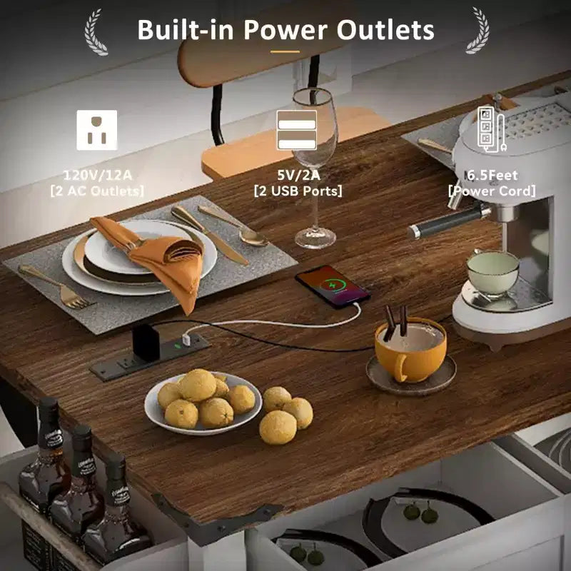 Zeus & Ruta 53.7 Isola da Cucina da Fattoria con Presa di Corrente, Isola da Cucina con Mobiletto e 2 Ante Scorrevoli a Stile Fienile con Piano Ribaltabile