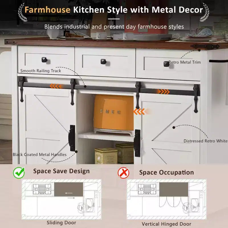 Zeus & Ruta 53.7 Isola da Cucina da Fattoria con Presa di Corrente, Isola da Cucina con Mobiletto e 2 Ante Scorrevoli a Stile Fienile con Piano Ribaltabile
