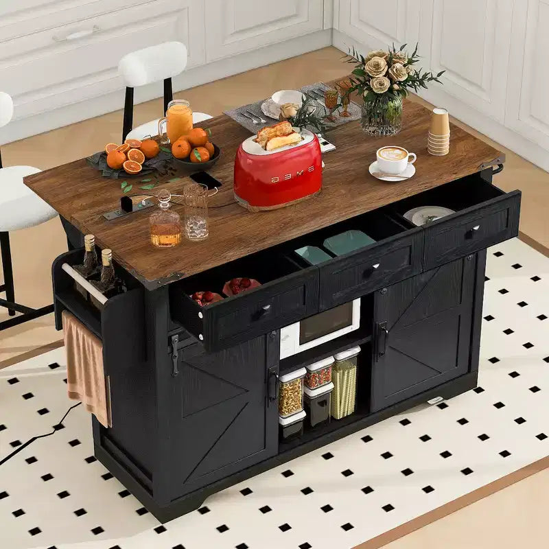 Zeus & Ruta 53.7 Isola da Cucina da Fattoria con Presa di Corrente, Isola da Cucina con Mobiletto e 2 Ante Scorrevoli a Stile Fienile con Piano Ribaltabile