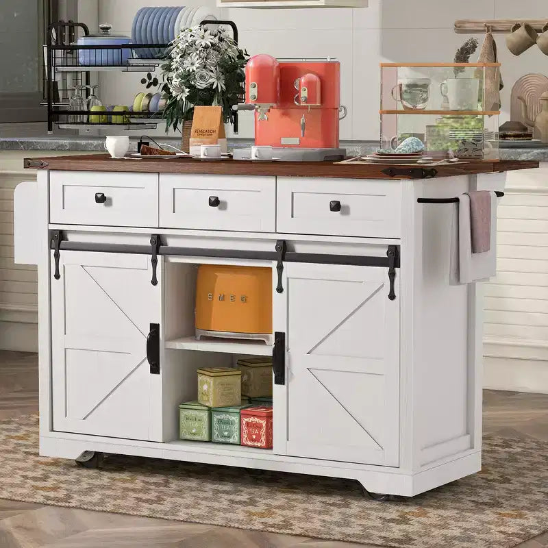 Zeus & Ruta 53.7 Isola da Cucina da Fattoria con Presa di Corrente, Isola da Cucina con Mobiletto e 2 Ante Scorrevoli a Stile Fienile con Piano Ribaltabile