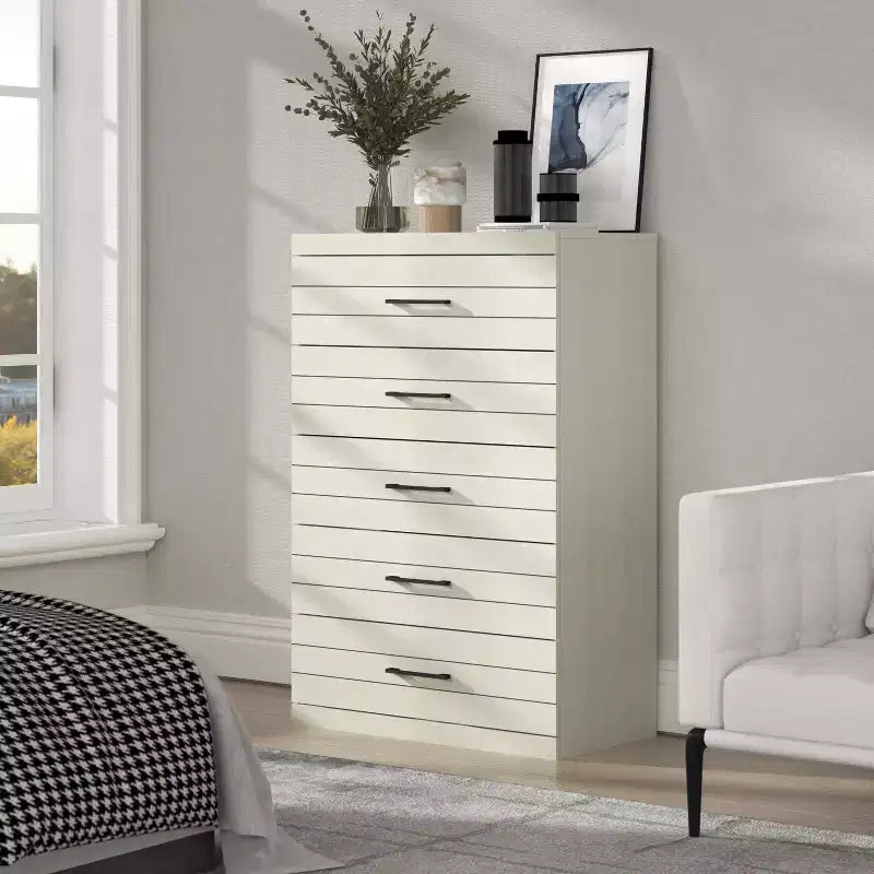 Cassettiera Galano a 5 cassetti con sistema di sicurezza Interlock in rovere bianco perla 30,7 L x 16,1 P x 45,8 H
