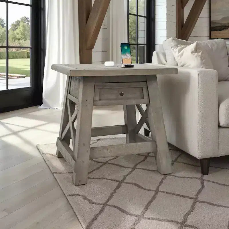 Tavolino da salotto/comodino in pino di recupero con ricarica USB – Finitura Driftwood, Stile rustico