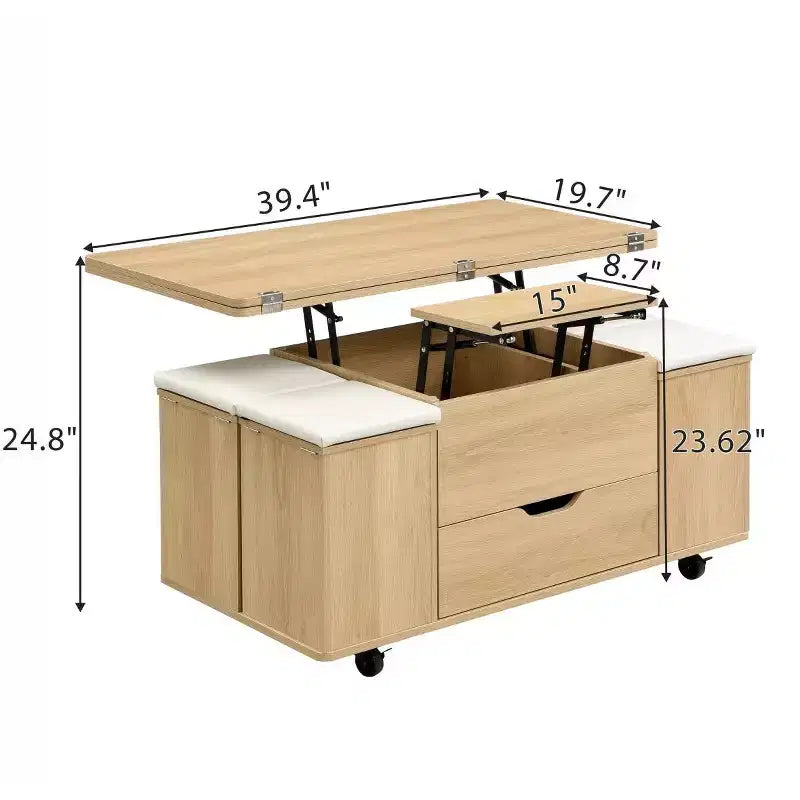 Tavolino da caffè moderno con piano sollevabile, contenitore e sgabelli, tavolino centrale mobile multifunzione per piccoli soggiorni o appartamenti - Panipeachy