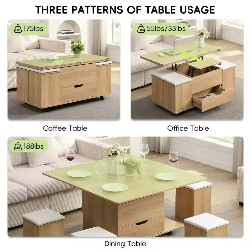 Tavolino da caffè moderno con piano sollevabile, contenitore e sgabelli, tavolino centrale mobile multifunzione per piccoli soggiorni o appartamenti - Panipeachy