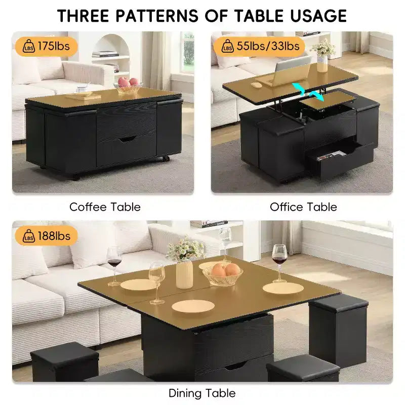 Tavolino da caffè moderno con piano sollevabile, contenitore e sgabelli, tavolino centrale mobile multifunzione per piccoli soggiorni o appartamenti - Panipeachy