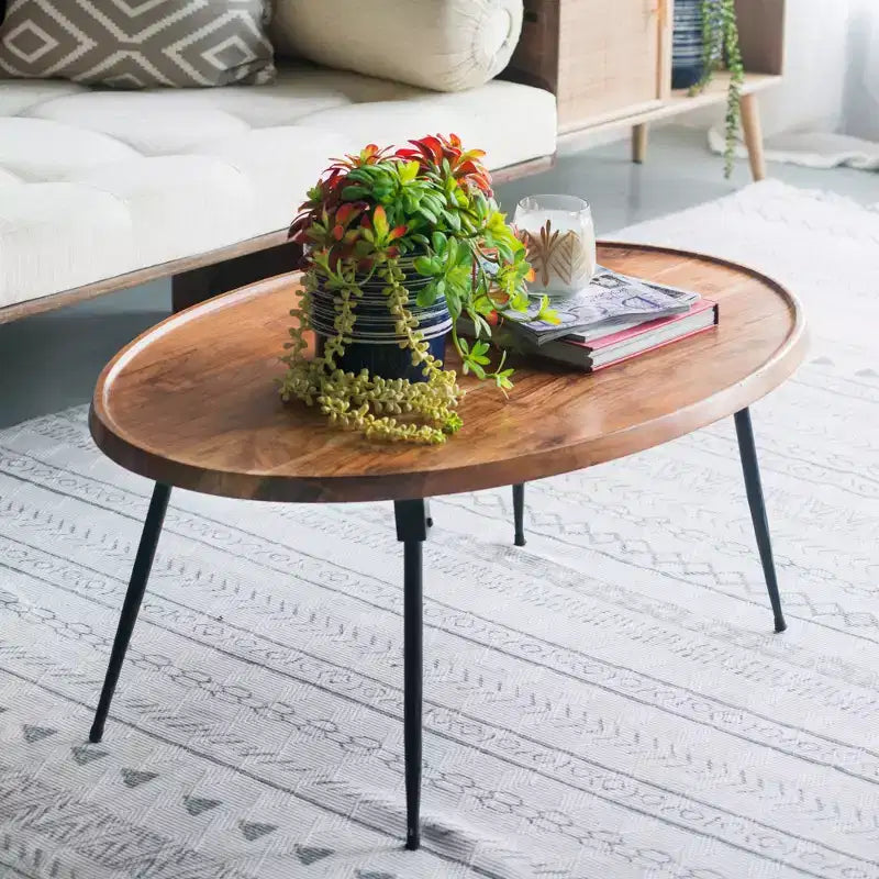 GDFStudio Noyes Acacia Wood and Iron Oval Coffee Table