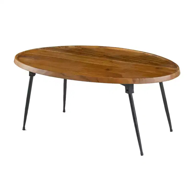 Tavolino ovale – Piano in legno massello di acacia naturale e base in ferro nero, 99x66 cm, per salotto