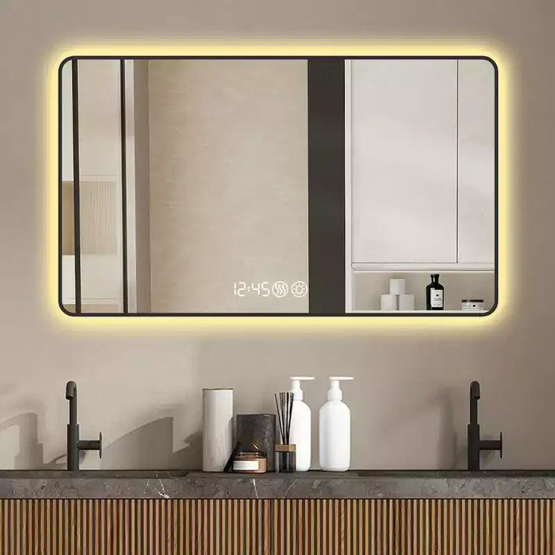 29 x 39 Black Aluminum Alloy Frame Bathroom Vanity Mirrors with Rounded Corners Vanity Mirror Tri Color Light Defogging