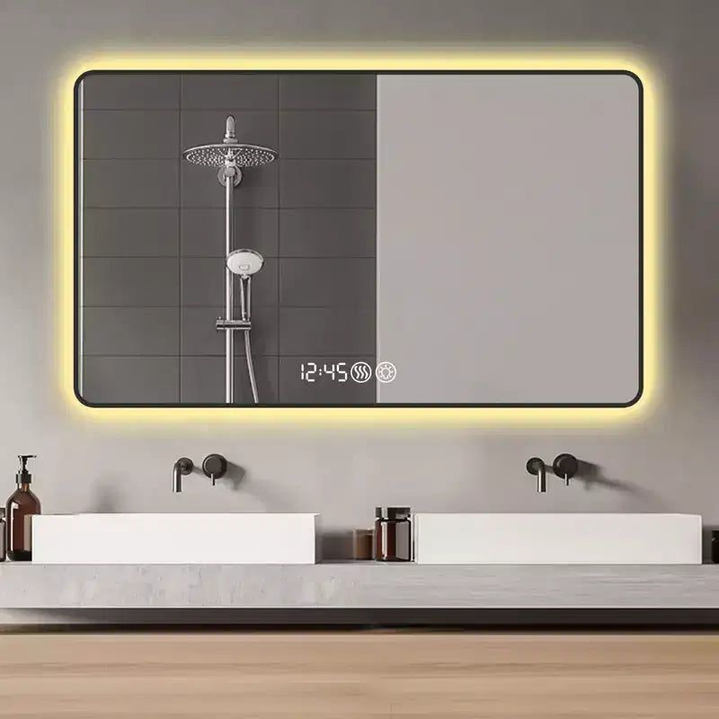 29 x 39 Specchi da bagno con cornice in lega di alluminio nera e angoli arrotondati Specchio da trucco Defogging con luce a tre colori