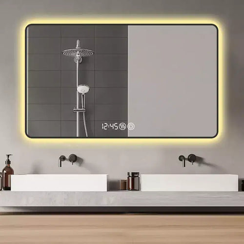 29 x 39 Specchi da bagno con cornice in lega di alluminio nera e angoli arrotondati Specchio da trucco Defogging con luce a tre colori