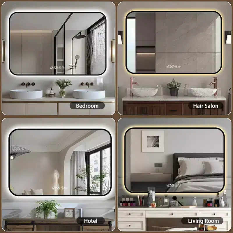 29 x 39 Specchi da bagno con cornice in lega di alluminio nera e angoli arrotondati Specchio da trucco Defogging con luce a tre colori