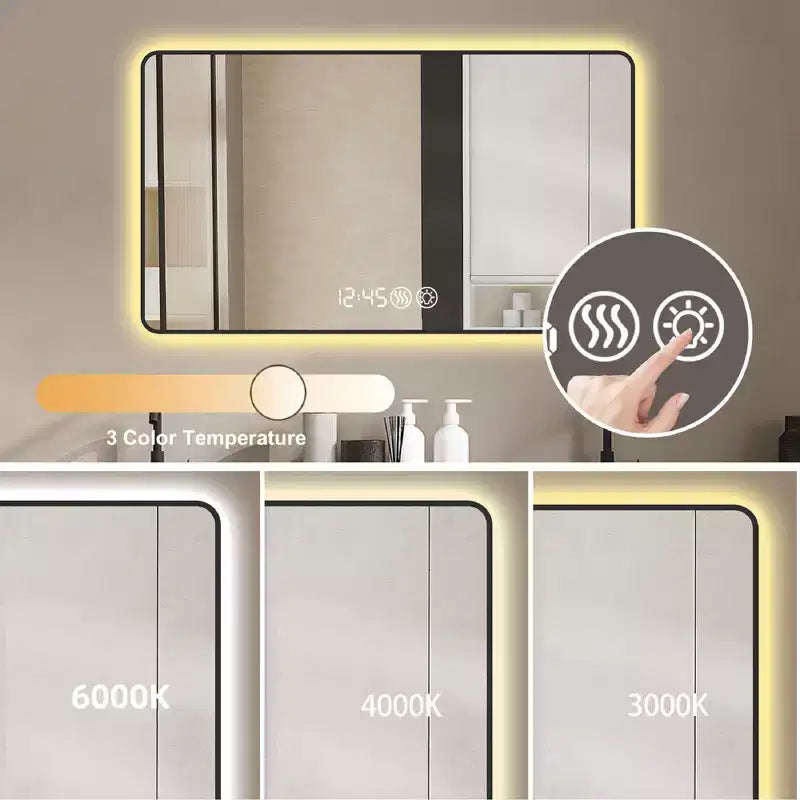 29 x 39 Specchi da bagno con cornice in lega di alluminio nera e angoli arrotondati Specchio da trucco Defogging con luce a tre colori