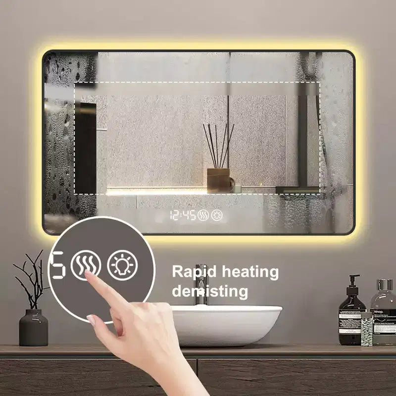 29 x 39 Specchi da bagno con cornice in lega di alluminio nera e angoli arrotondati Specchio da trucco Defogging con luce a tre colori
