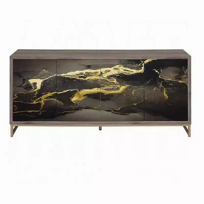 Mobile consolle credenza da 65" – Effetto marmo nero, legno rovere marrone, 4 ante e 8 ripiani