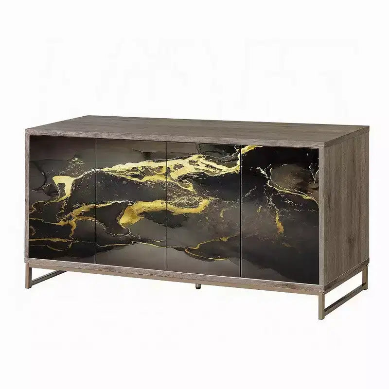 Mobile consolle credenza da 65" – Effetto marmo nero, legno rovere marrone, 4 ante e 8 ripiani