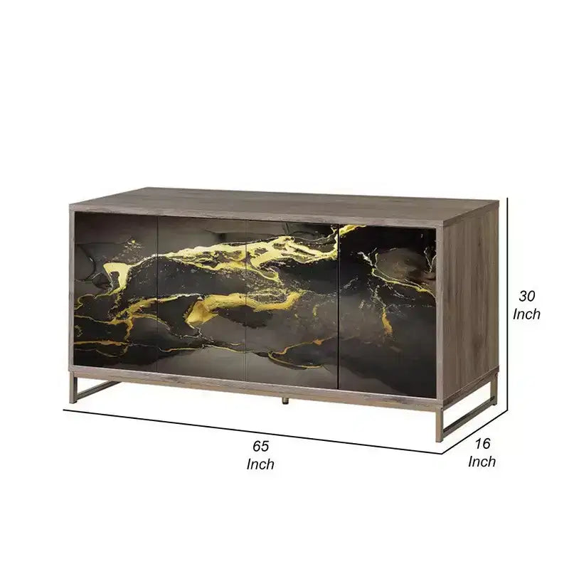 Mobile consolle credenza da 65" – Effetto marmo nero, legno rovere marrone, 4 ante e 8 ripiani