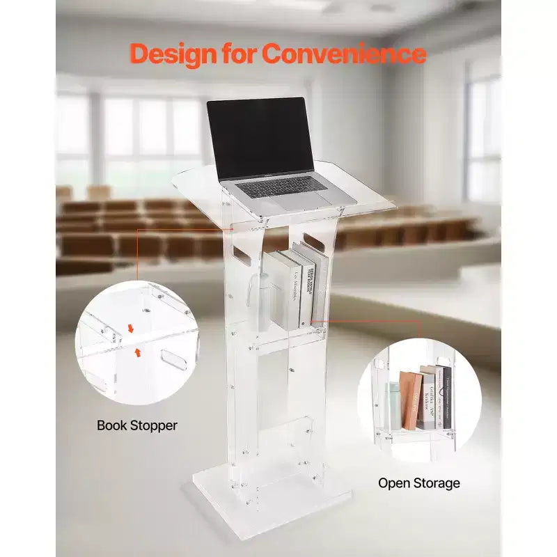 VEVOR Leggio a Colonna, Leggio in Acrilico da 109 cm, Leggio Portatile per Laptop con Ampia Superficie di Lettura e Ripiano Portaoggetti, Ferma Libri, Trasparente