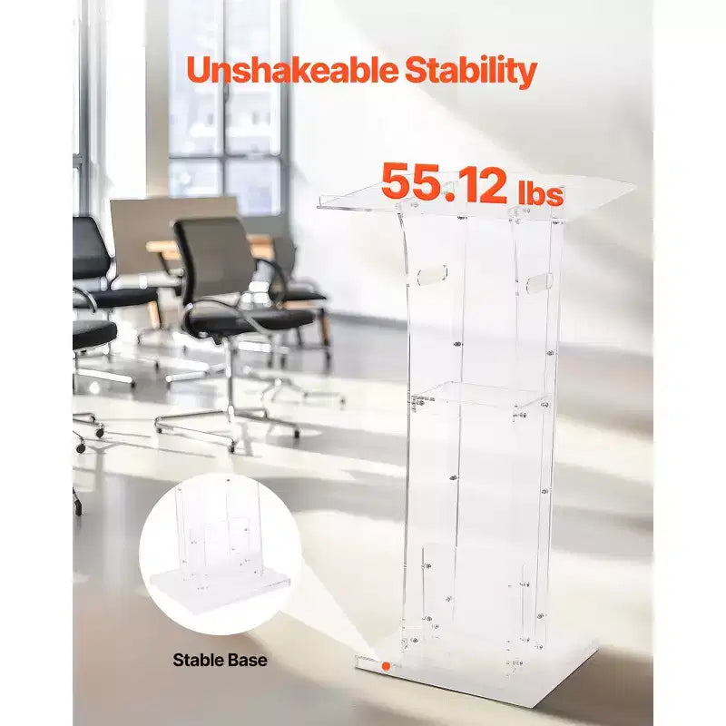 VEVOR Leggio a Colonna, Leggio in Acrilico da 109 cm, Leggio Portatile per Laptop con Ampia Superficie di Lettura e Ripiano Portaoggetti, Ferma Libri, Trasparente