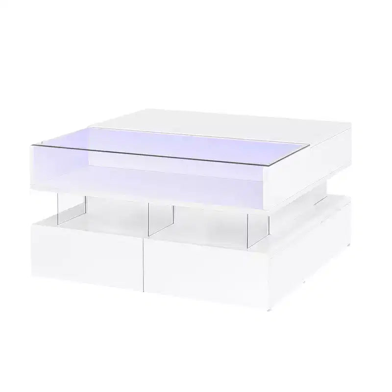 Tavolino moderno con piano sollevabile e cassetti, Tavolino quadrato con piano in vetro, Tavolino da caffè con vano nascosto e luci LED per il soggiorno
