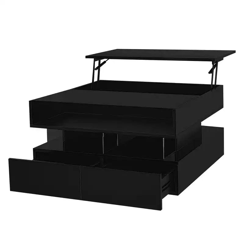 Tavolino moderno con piano sollevabile e cassetti, Tavolino quadrato con piano in vetro, Tavolino da caffè con vano nascosto e luci LED per il soggiorno