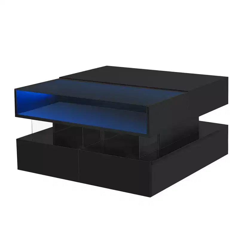 Tavolino moderno con piano sollevabile e cassetti, Tavolino quadrato con piano in vetro, Tavolino da caffè con vano nascosto e luci LED per il soggiorno