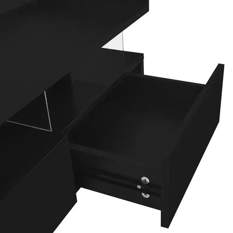 Tavolino moderno con piano sollevabile e cassetti, Tavolino quadrato con piano in vetro, Tavolino da caffè con vano nascosto e luci LED per il soggiorno