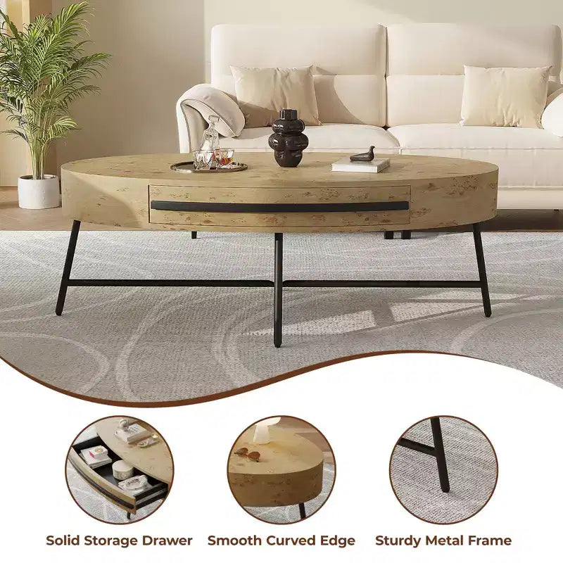 Tavolino da Caffè Ovale con Cassetto Tavolo da Centro Moderno di Metà Secolo 120 cm Tavolino da Salotto in Legno con Contenitore e Gambe Metalliche Incrociate Design Curvo