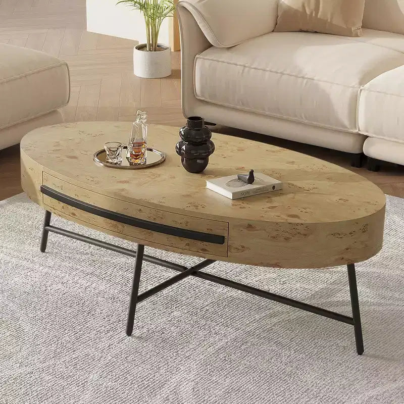 Tavolino da Caffè Ovale con Cassetto Tavolo da Centro Moderno di Metà Secolo 120 cm Tavolino da Salotto in Legno con Contenitore e Gambe Metalliche Incrociate Design Curvo