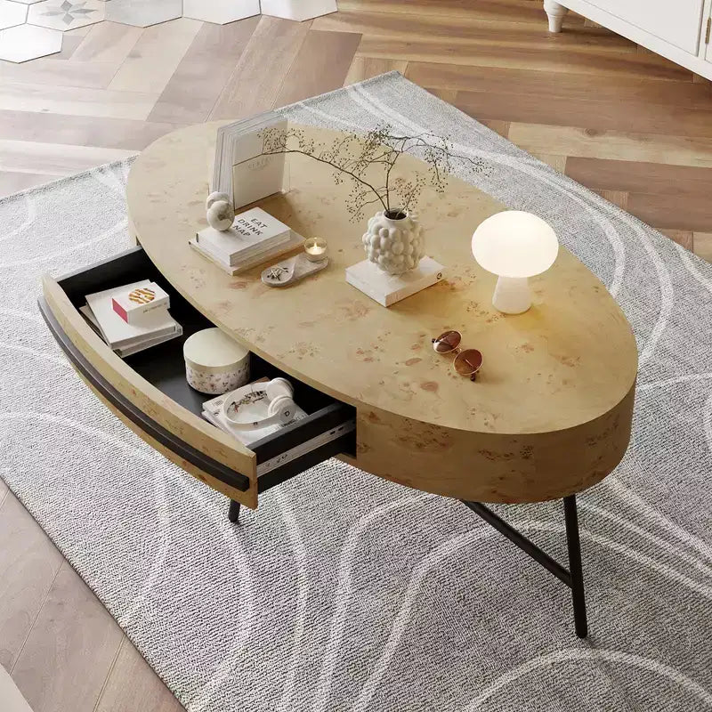 Tavolino da Caffè Ovale con Cassetto Tavolo da Centro Moderno di Metà Secolo 120 cm Tavolino da Salotto in Legno con Contenitore e Gambe Metalliche Incrociate Design Curvo