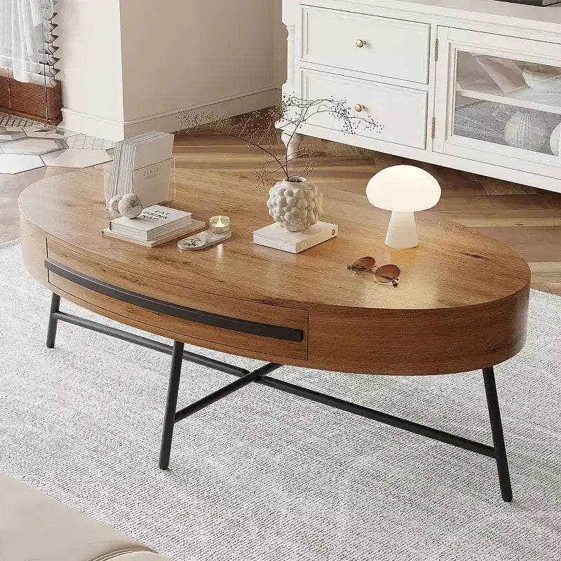 Tavolino da Caffè Ovale con Cassetto Tavolo da Centro Moderno di Metà Secolo 120 cm Tavolino da Salotto in Legno con Contenitore e Gambe Metalliche Incrociate Design Curvo