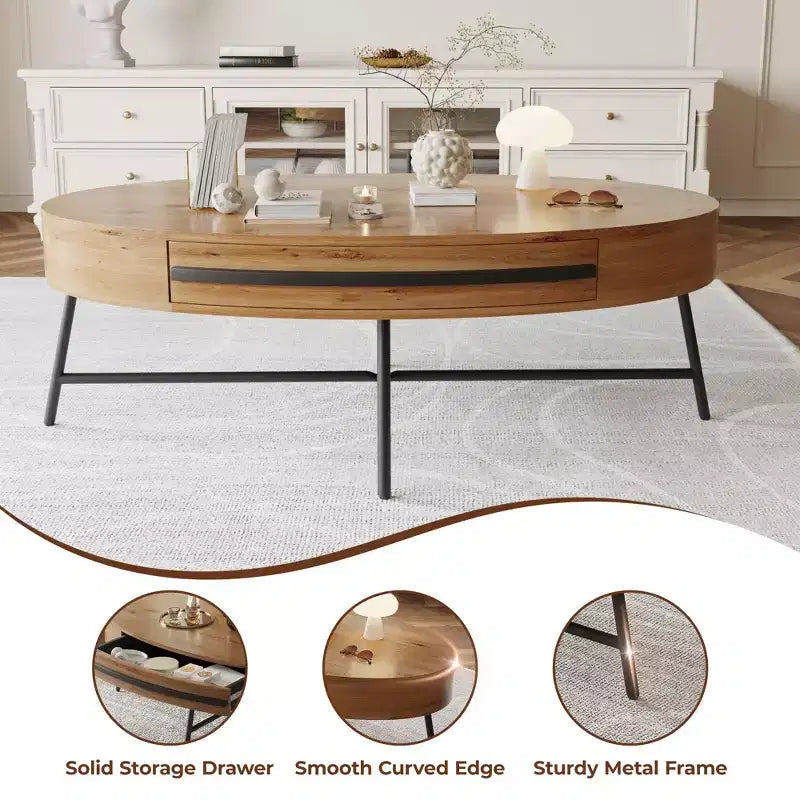 Tavolino da Caffè Ovale con Cassetto Tavolo da Centro Moderno di Metà Secolo 120 cm Tavolino da Salotto in Legno con Contenitore e Gambe Metalliche Incrociate Design Curvo