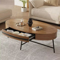 Oval Coffee Table with Drawer Mid-Century Modern Center Table 47.2 Wooden Coffee Table with Storage and Cross Metal Legs Curved Design