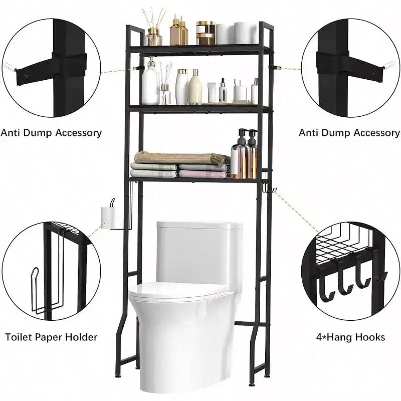 Mobile sopra WC Salvaspazio per Bagno a 3 Ripiani in Legno Nero Organizzatore Autoportante con 4 Ganci per Bagno Lavanderia