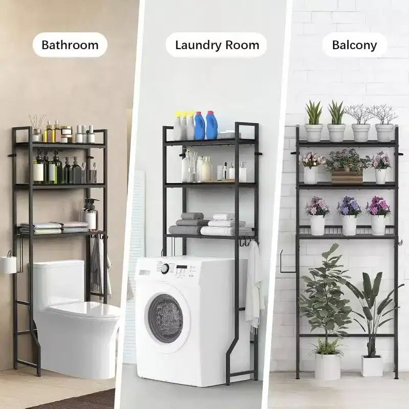 Mobile sopra WC Salvaspazio per Bagno a 3 Ripiani in Legno Nero Organizzatore Autoportante con 4 Ganci per Bagno Lavanderia