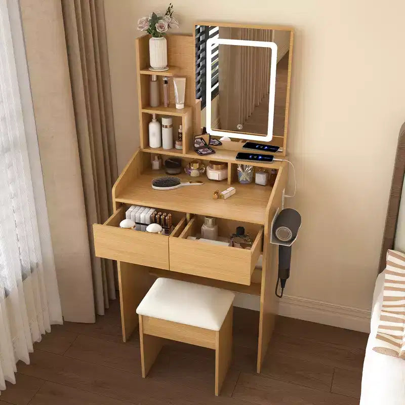 Tavolino da trucco moderno GDFStudio Saria con specchio illuminato a LED, spazio di archiviazione e sgabello