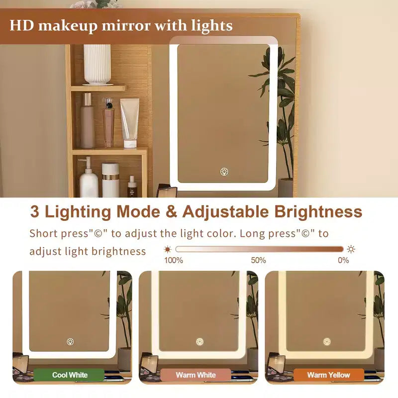 Tavolino da trucco moderno GDFStudio Saria con specchio illuminato a LED, spazio di archiviazione e sgabello