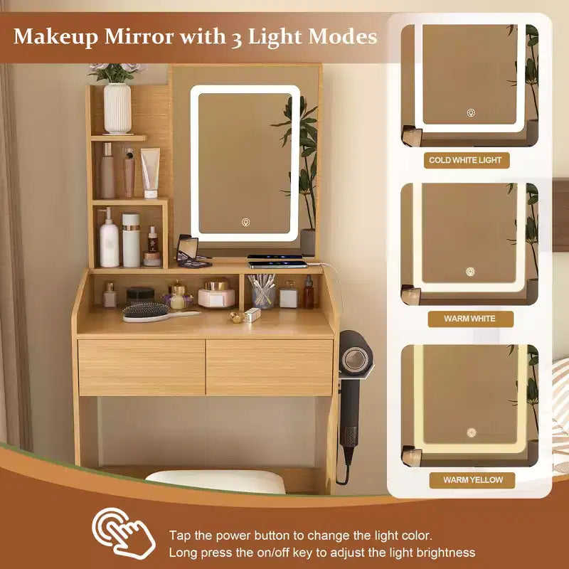 Tavolino da trucco moderno GDFStudio Saria con specchio illuminato a LED, spazio di archiviazione e sgabello