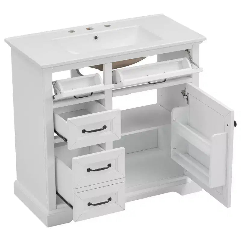 MAYEERTY 36 Mobile Bagno Lavabo in Ceramica 4 Cassetti 1 Anta con Chiusura Ammortizzata Maniglie in Metallo Indipendente Nero