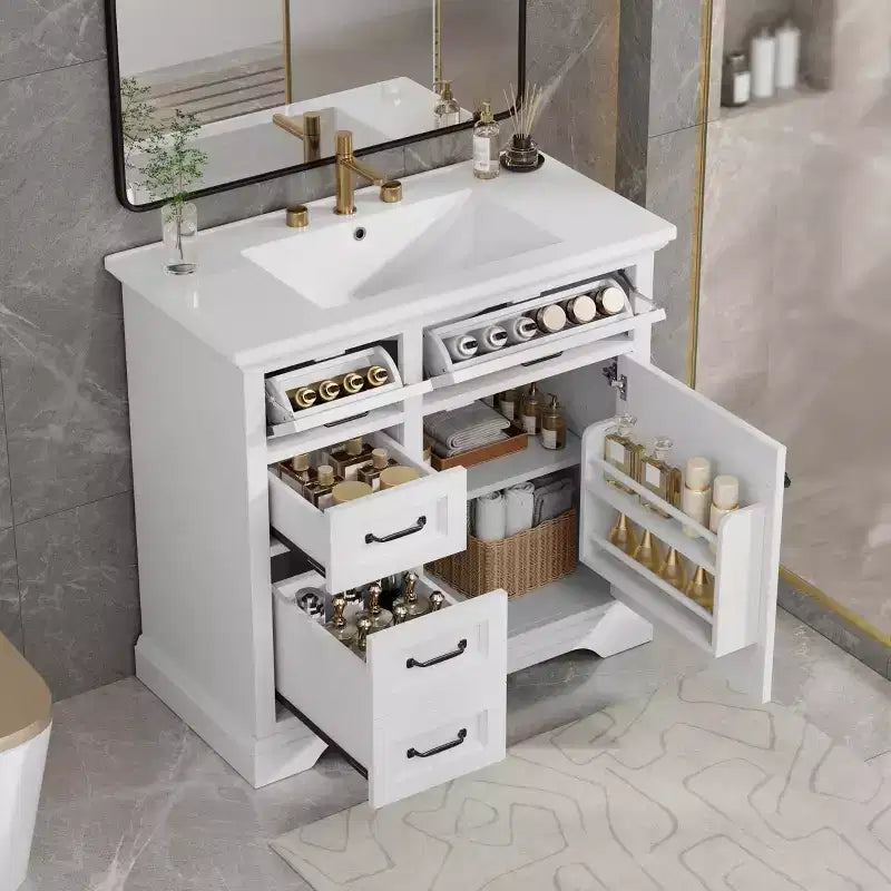 MAYEERTY 36 Mobile Bagno Lavabo in Ceramica 4 Cassetti 1 Anta con Chiusura Ammortizzata Maniglie in Metallo Indipendente Nero