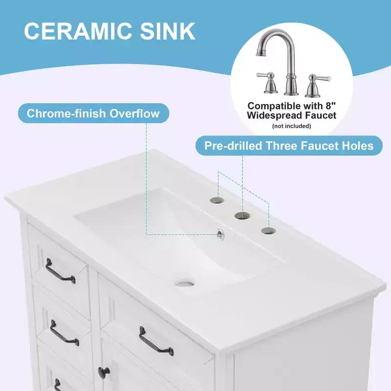 MAYEERTY 36 Mobile Bagno Lavabo in Ceramica 4 Cassetti 1 Anta con Chiusura Ammortizzata Maniglie in Metallo Indipendente Nero