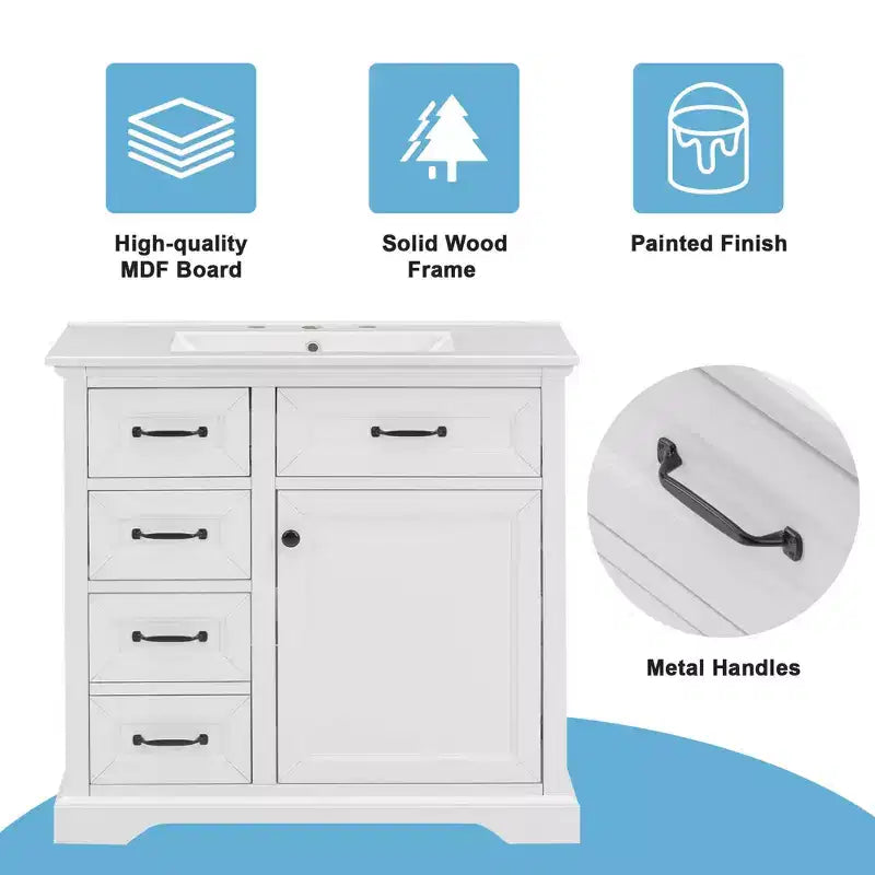MAYEERTY 36 Mobile Bagno Lavabo in Ceramica 4 Cassetti 1 Anta con Chiusura Ammortizzata Maniglie in Metallo Indipendente Nero